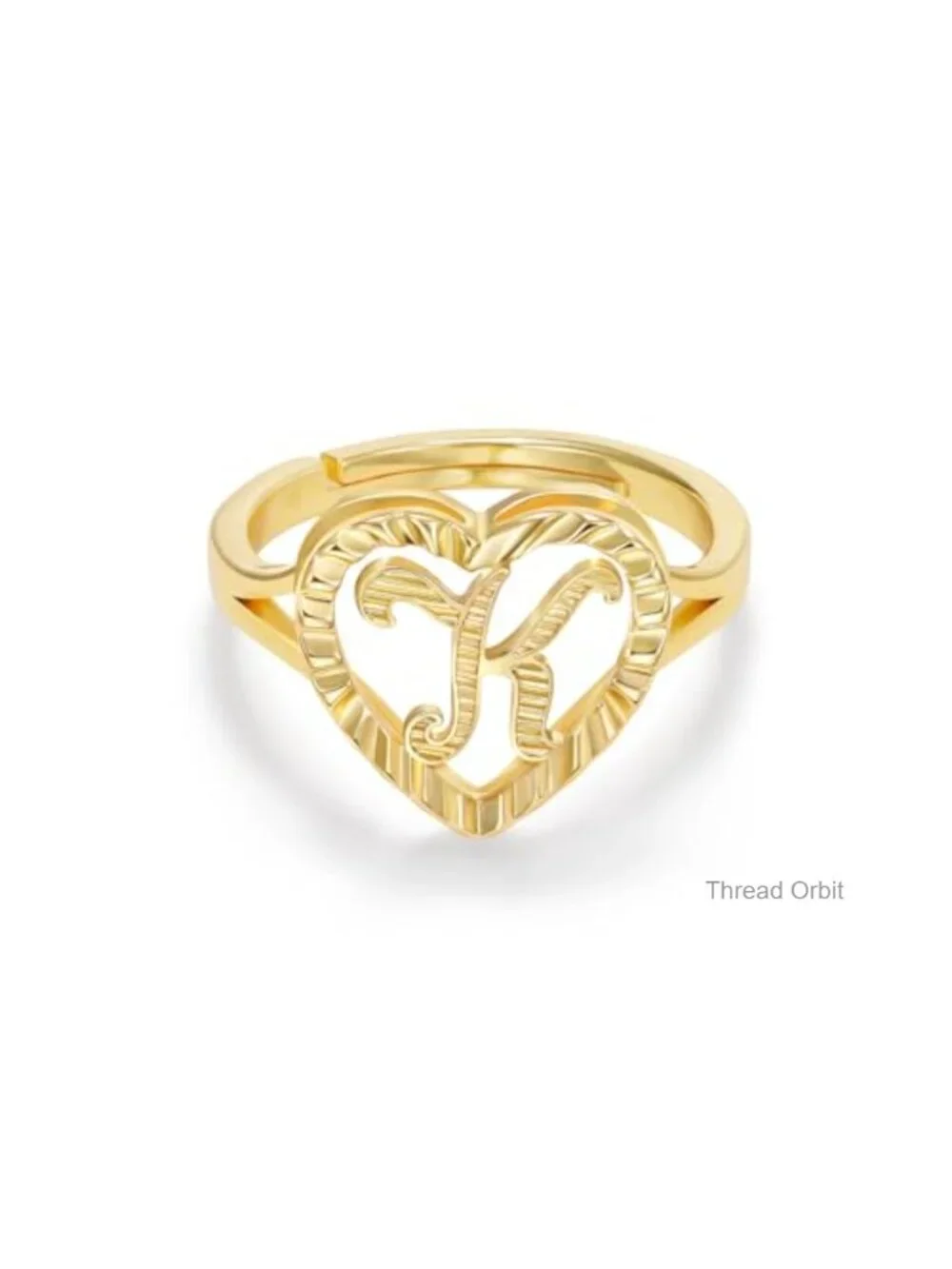 14K Gold Plated Heart Initial Ring - Adjustable Vintage Statement Ring